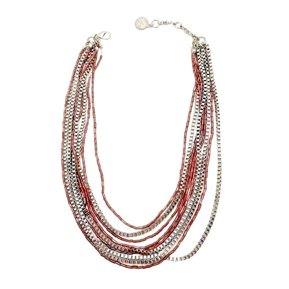 Jessica Simpson Multi Strand Choker Necklace Purple Bead Silver Tone Chain 16